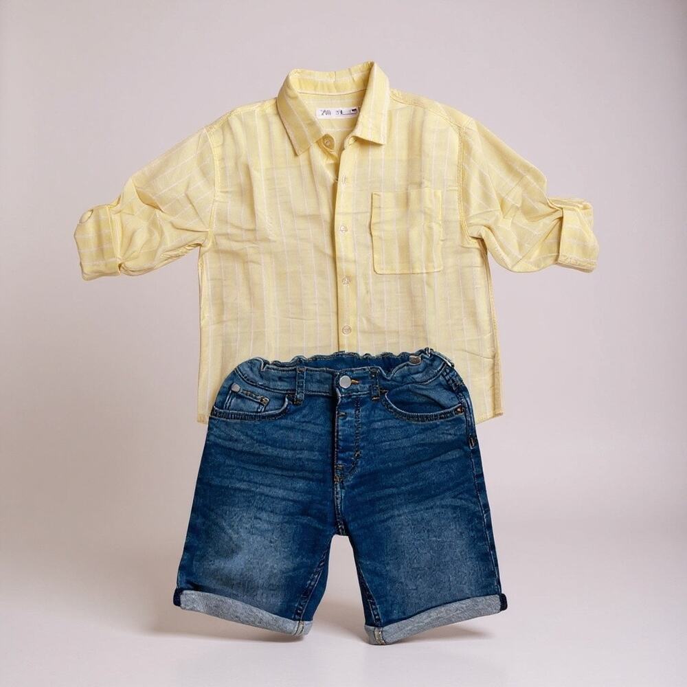 Zara Boys Bundle Set  Cotton Striped Button Down & Denim Shorts Summer  6x/7